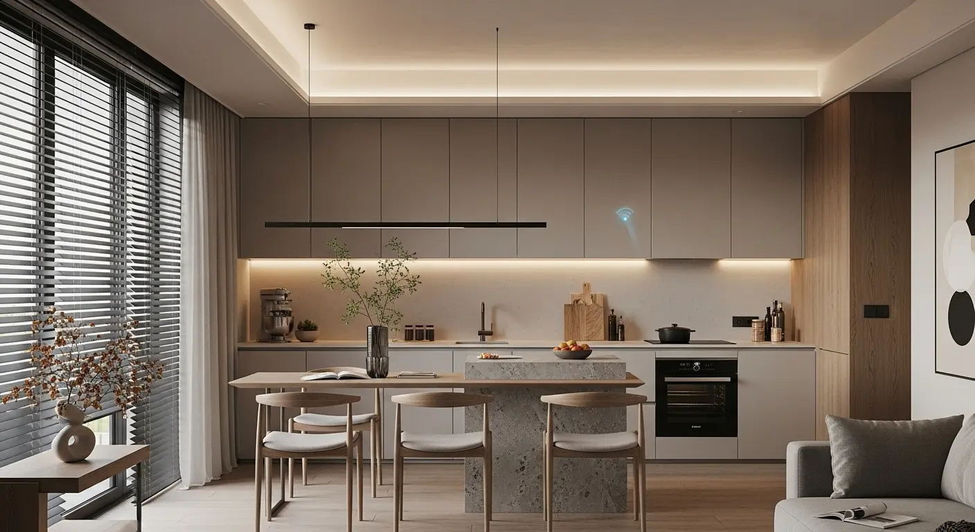 Dispositivos smart em um ambiente clean e funcional.

