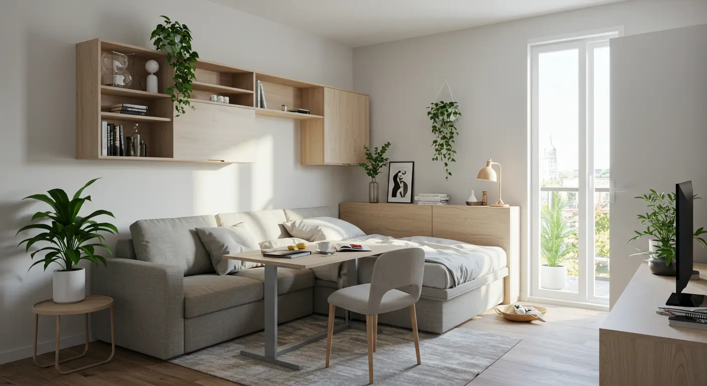 Pequeno apartamento com layout funcional e decoração minimalista