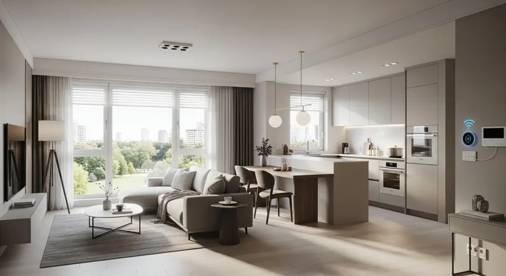 Ambiente clean com dispositivos inteligentes discretos e decoração minimalista