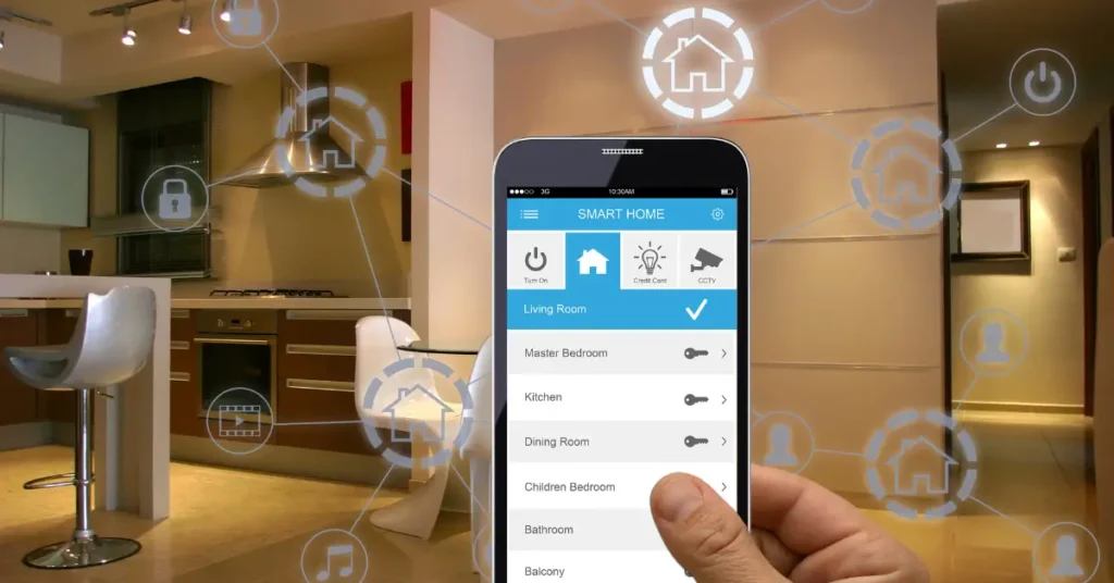 Smart appliance control in a minimalist kitchen, with centralized smartphone interface in a clean and organized space.