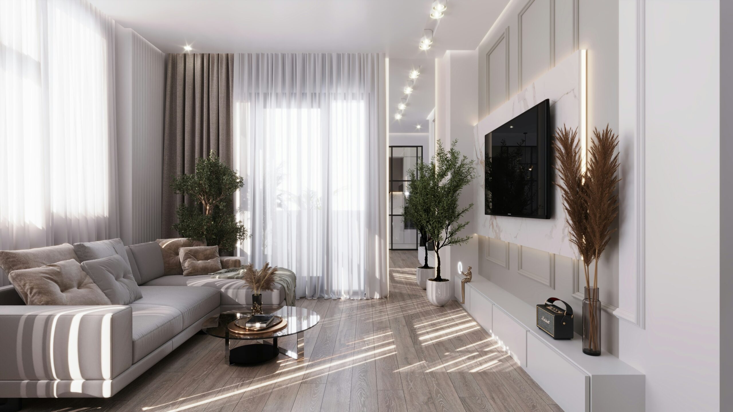 Environment with subtly integrated devices and minimalist decoration