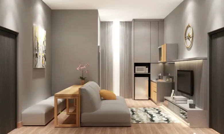 Ambiente minimalista e compacto com layout integrado móveis multifuncionais