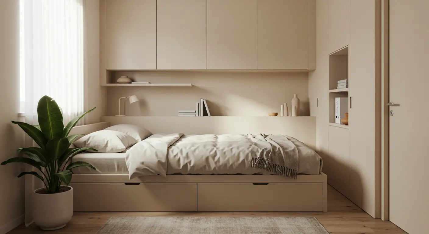 Quarto pequeno com design minimalista e atmosfera tranquila