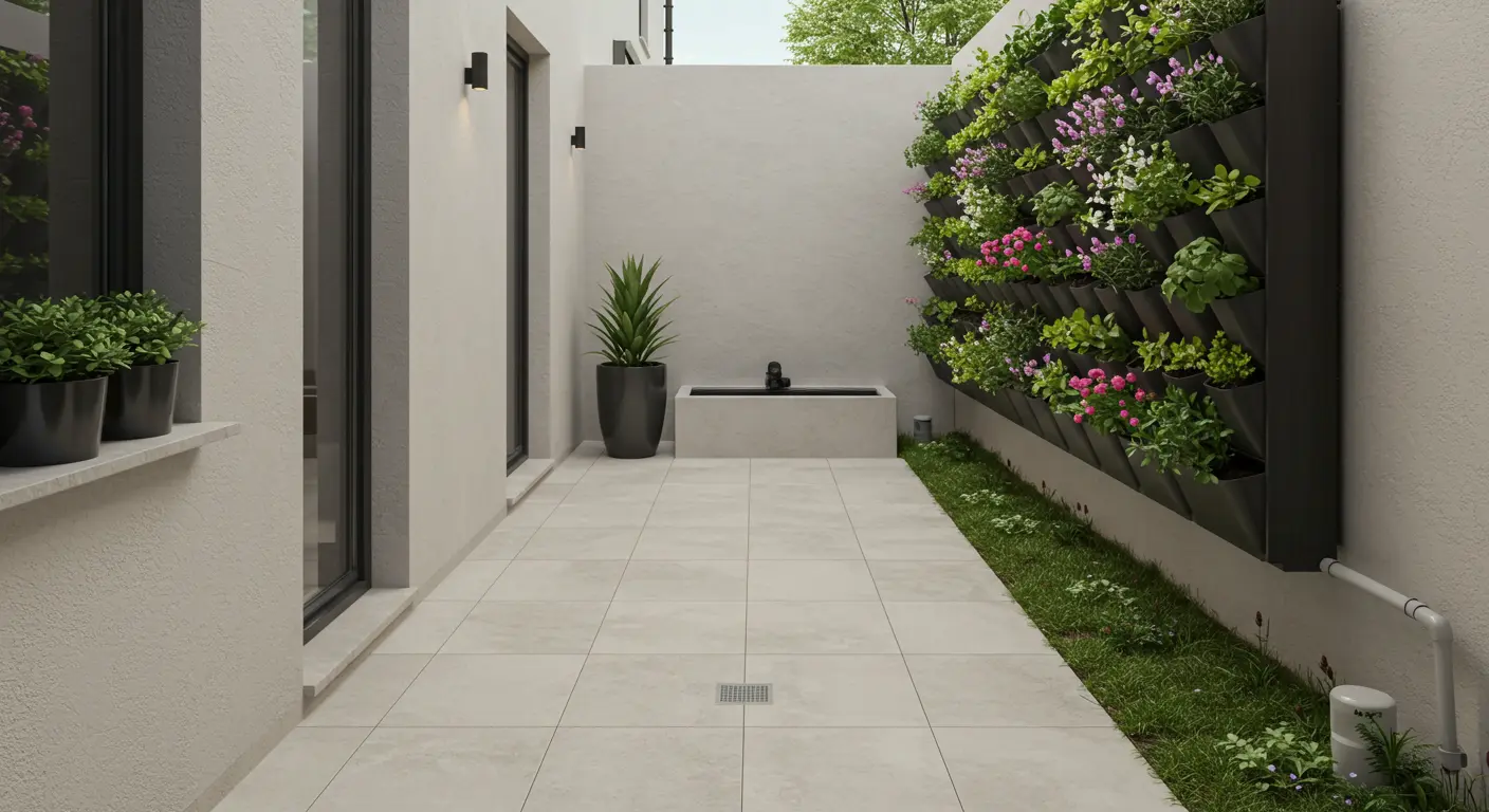 Rainwater harvesting system in a minimalist outdoor area.