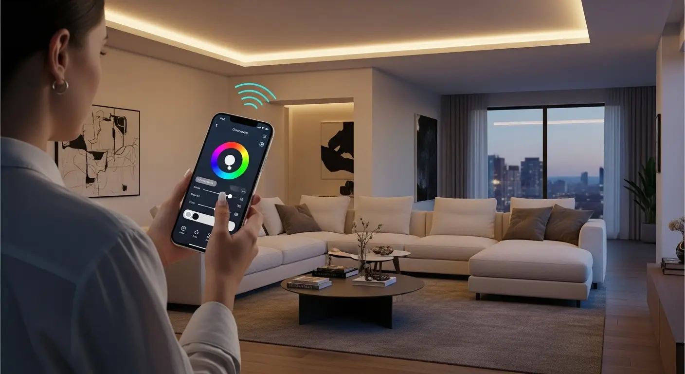 Minimalist living room with smart lighting controlled by app.