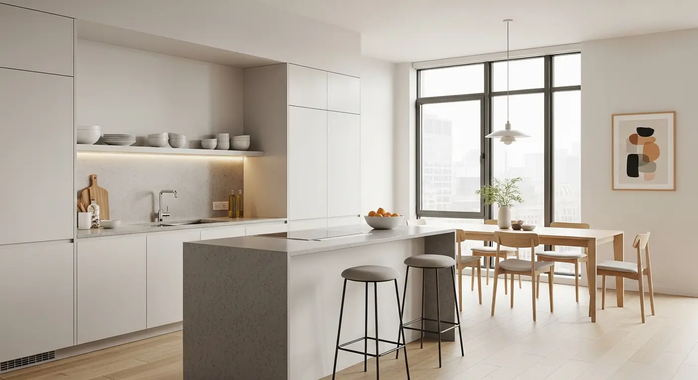 Integrated kitchen and dining area with minimalist design in a small apartment.