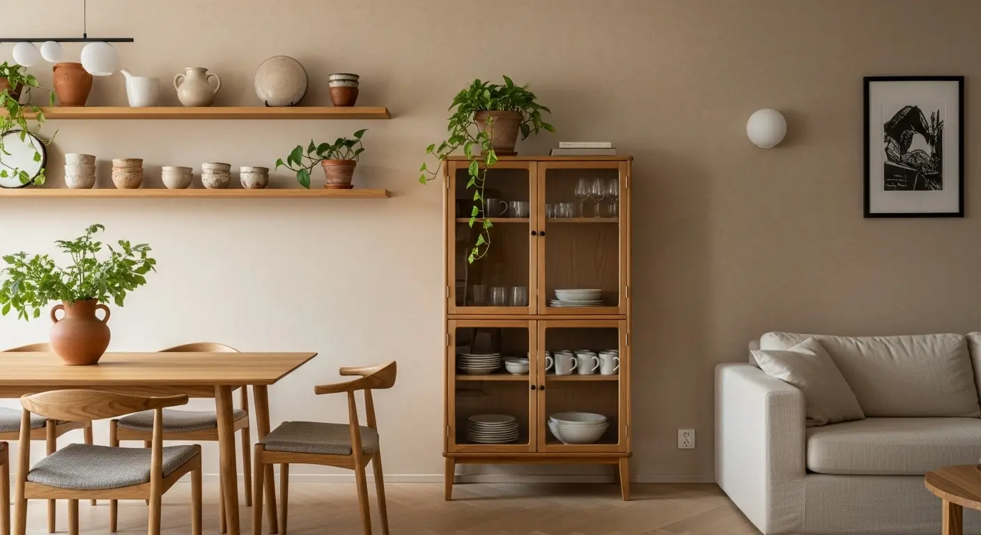 Espaço integrado com decoração minimalista e elementos naturais rústicos