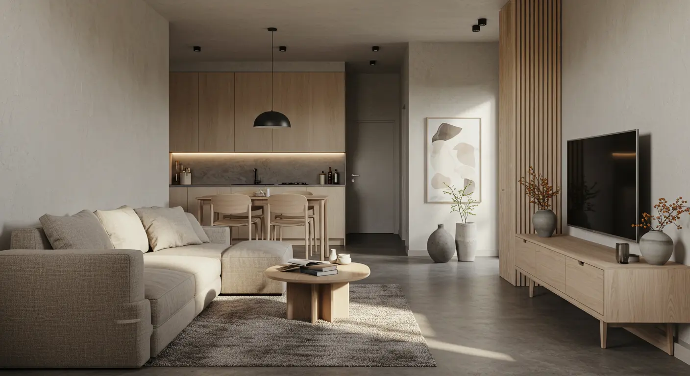 Ambiente minimalista com aplicação equilibrada de texturas e materiais naturais
