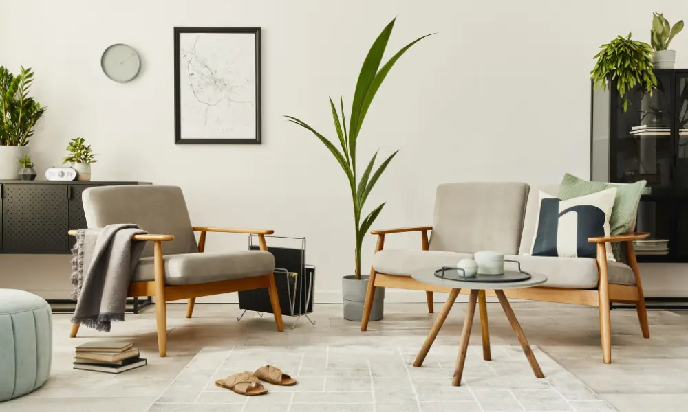 Minimalist living room decorated with plants integrated in a light and balanced way