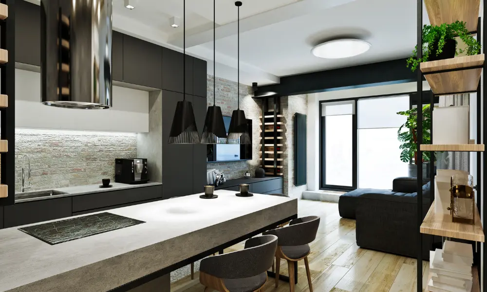 Kitchen with multifunctional countertop and smart cabinets in a compact environment.