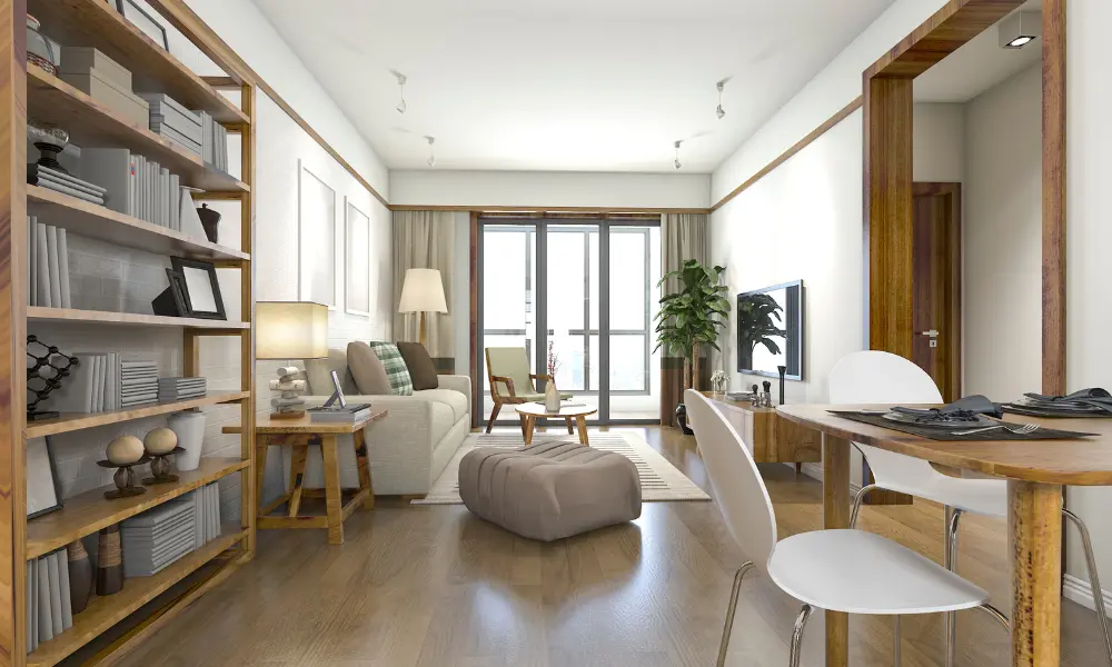 Sala com decoração minimalista e móveis funcionais
