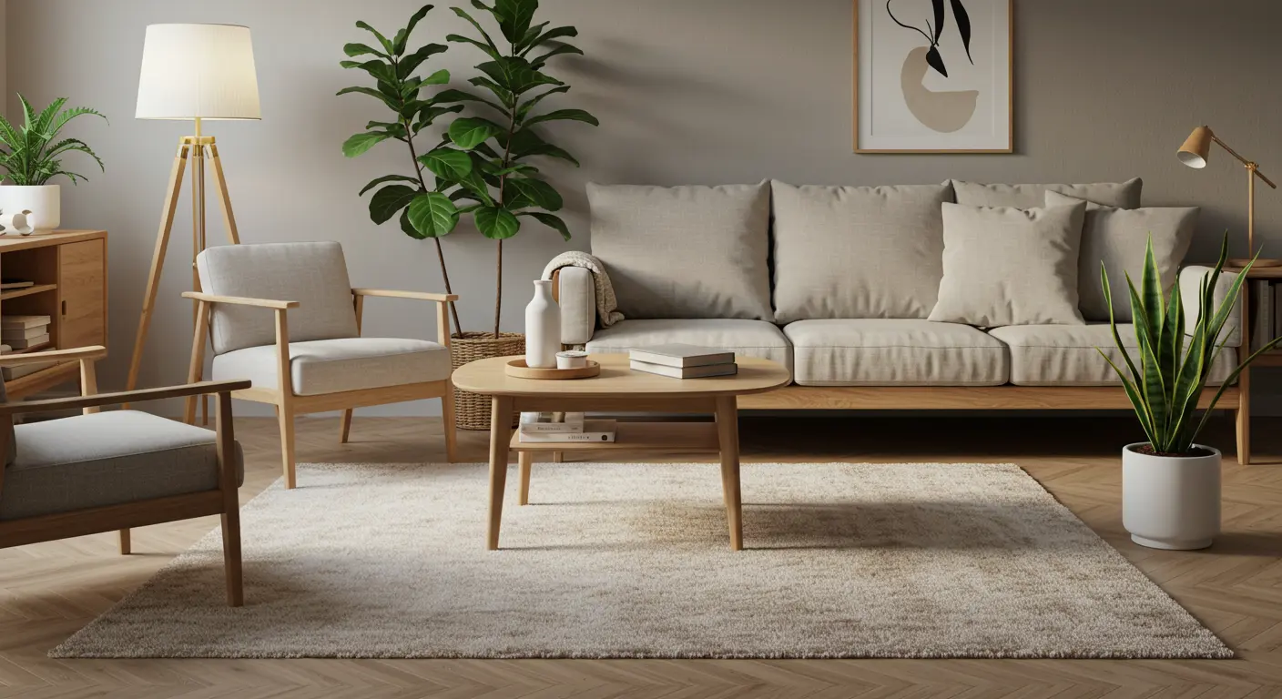 Japandi style with plants and sustainable materials in a minimalist environment