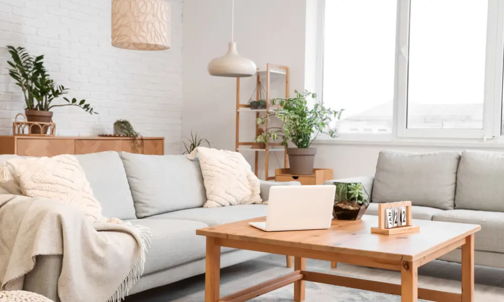 Minimalist living room with plants well distributed at different heights and levels