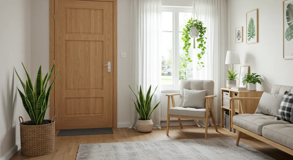 Plants and Feng Shui integrated into minimalist decor to harmonize the home's energy