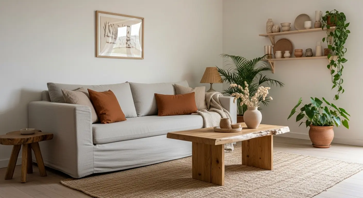 Living room decorated in minimalist boho style, with handmade pieces and earthy tones