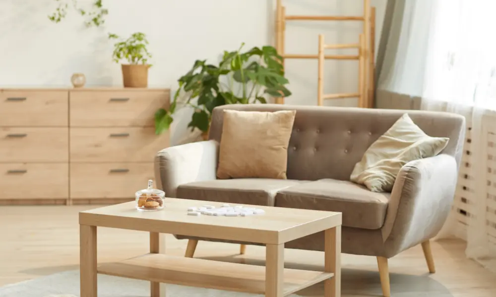 Minimalist living room showing how to decorate with plants without visually cluttering the environment while respecting empty space