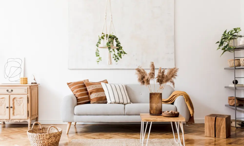 Minimalist environment with natural elements like wood, plants, and organic fibers