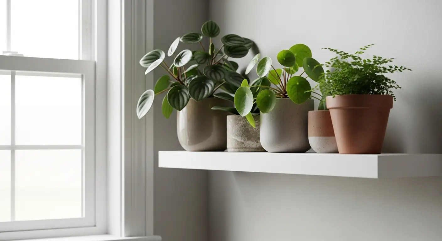 Prateleira com plantas pequenas usadas para purificar o ar em espaços compactos