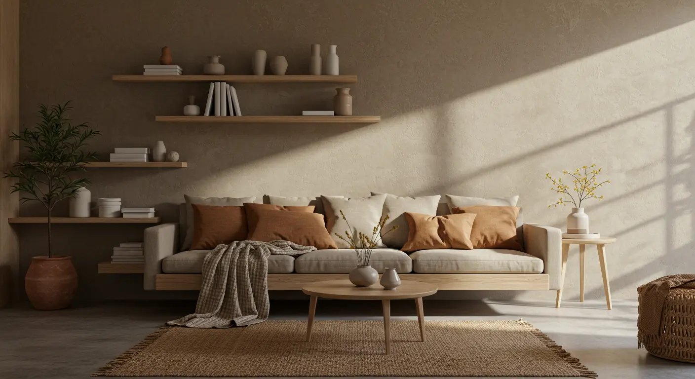 Projeto de decoração minimalista com elementos rústicos