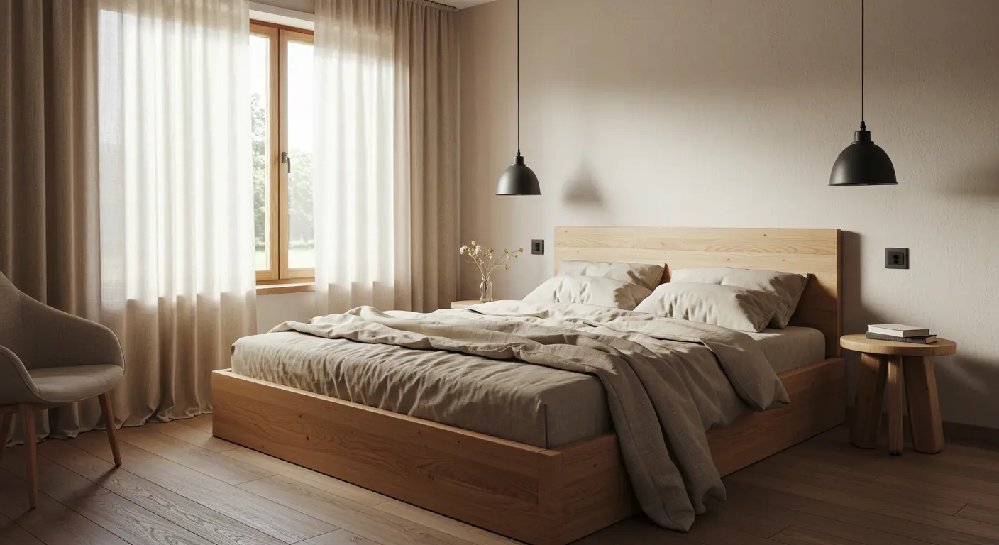 Quarto com decoração minimalista rústica e iluminação suave