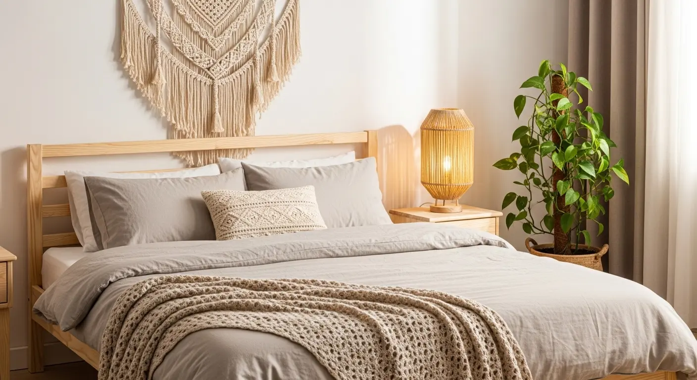 Bedroom with minimalist boho decoration and handmade pieces