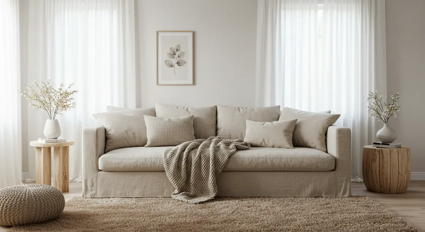 Sala com paleta neutra e texturas suaves em um ambiente minimalista