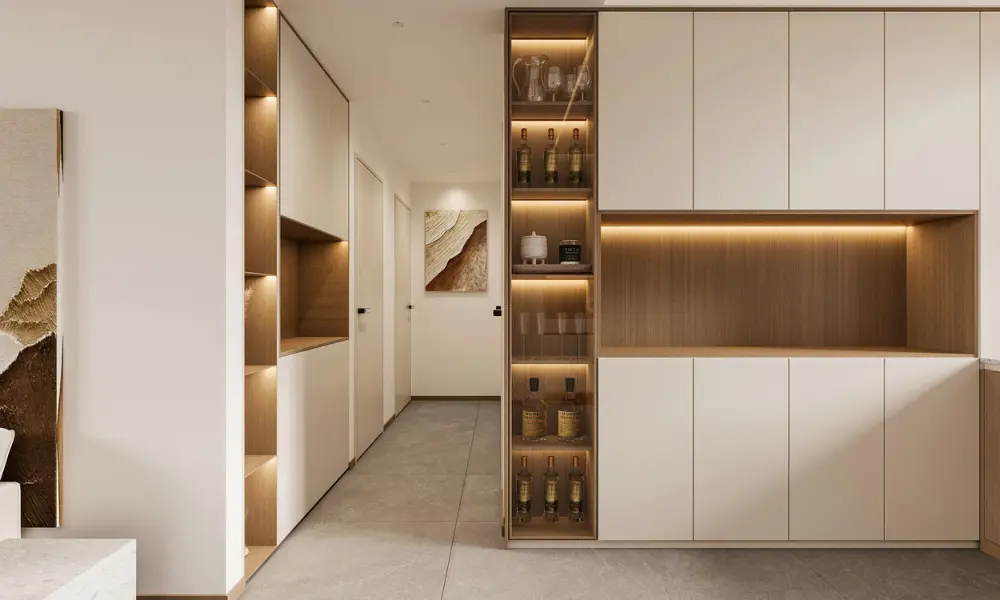 Vertical cabinets and niches optimizing space in minimalist environment