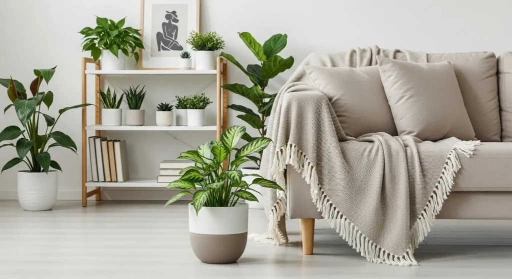 Sustainable and minimalist decor with integrated plants and natural materials