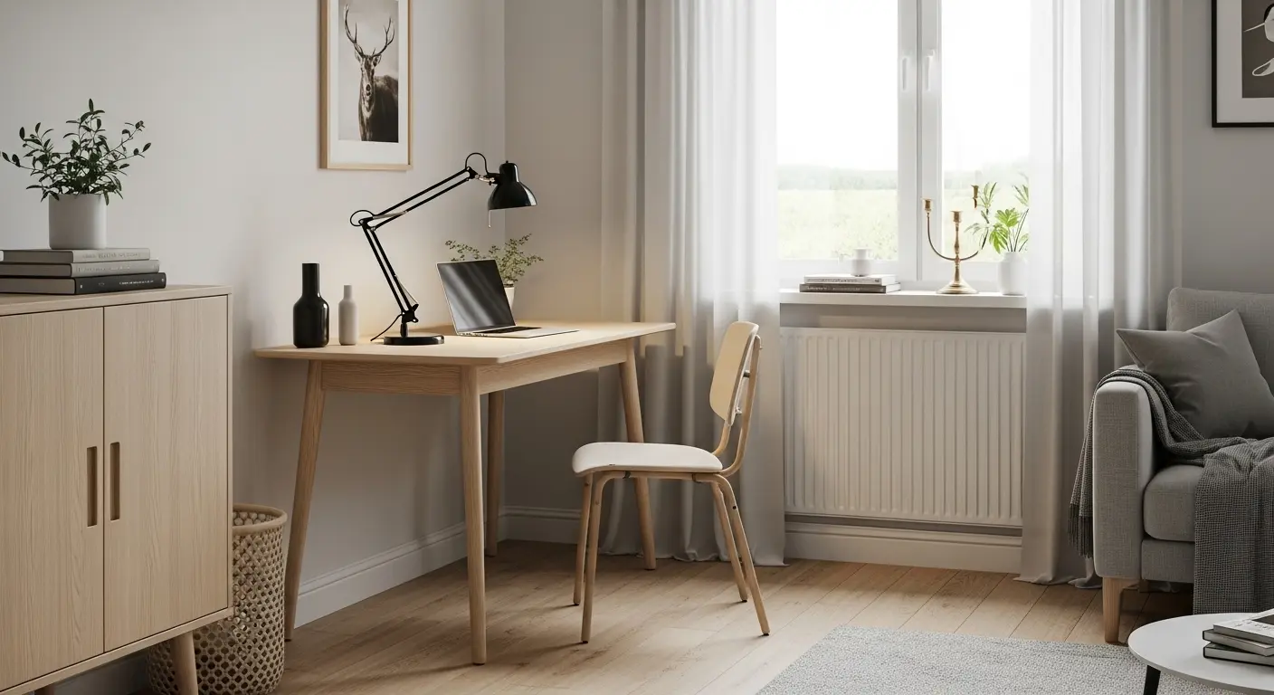 Small home office space well-lit and integrated into minimalist decor.