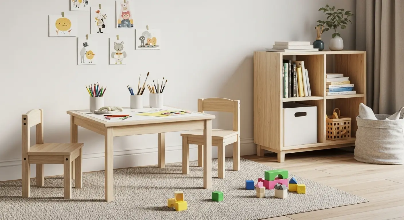 Creative corner in a minimalist children's room with a table, shelf, and art supplies.