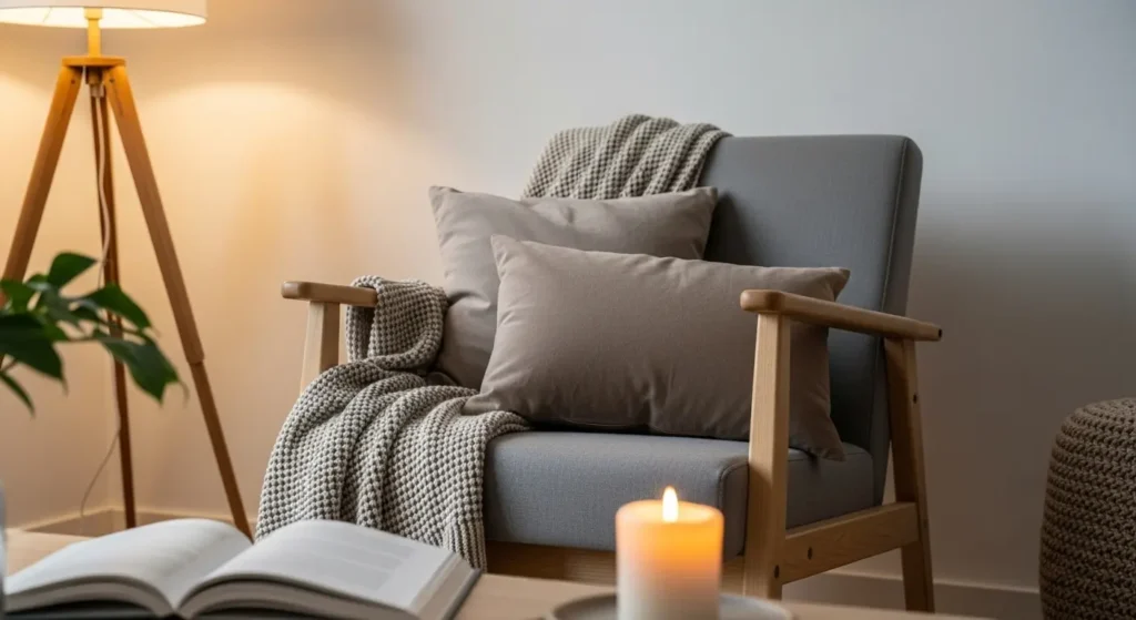 Reading nook with blanket, candle, and warm lighting in hygge style