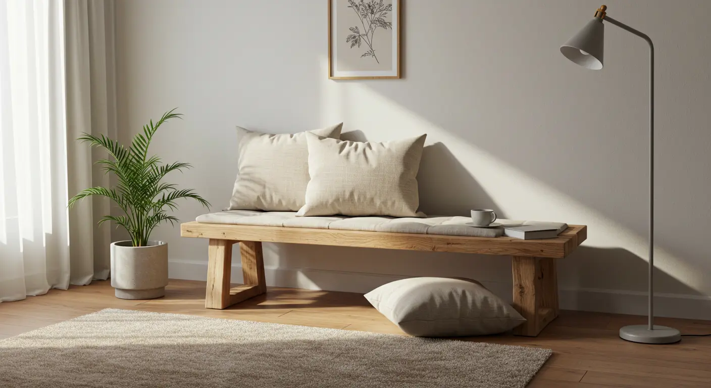 Espaço com planta, banco de madeira e iluminação natural em estilo Japandi