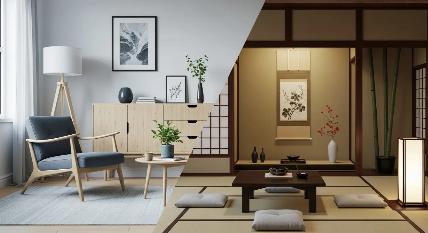 Comparação visual entre decoração escandinava e japonesa