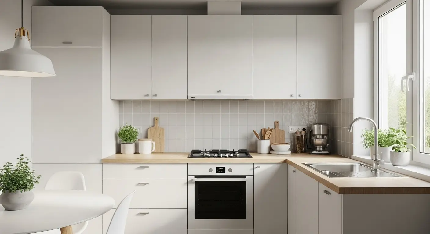 Small minimalist kitchen with neutral colors and natural materials