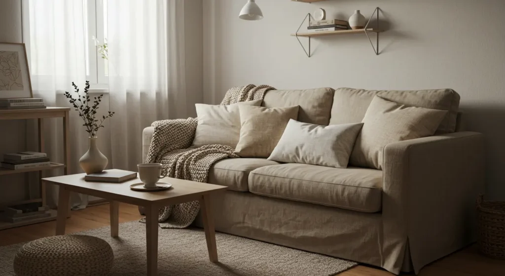 sala hygge com sofá claro, manta, vela acesa e luz natural suave
