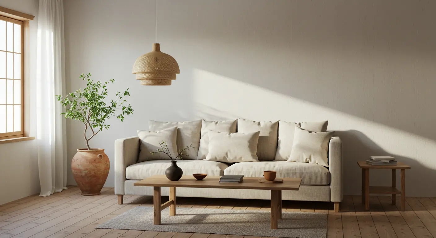 Sala com decoração japandi, madeira clara e móveis minimalistas
