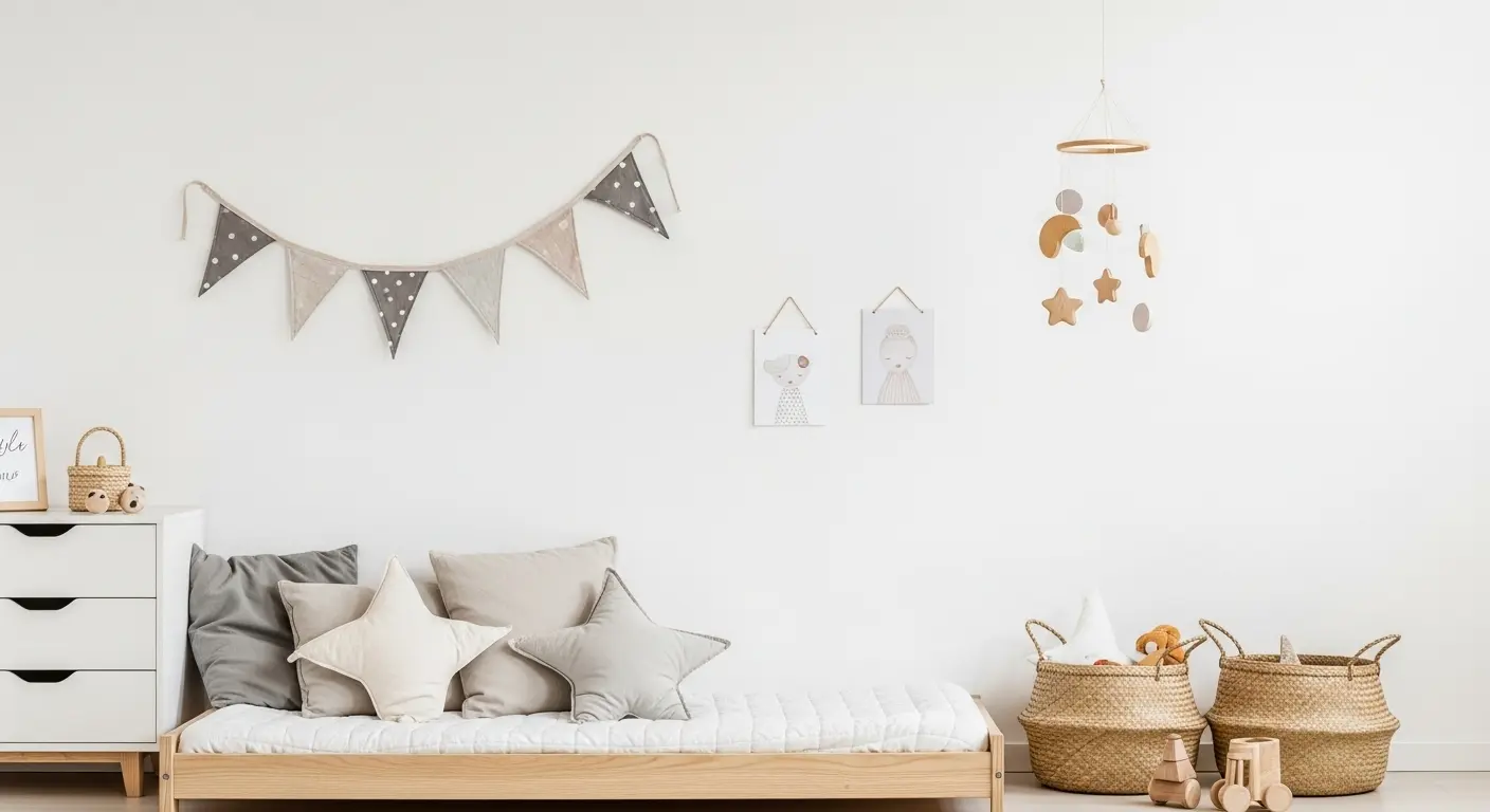 Minimalist children's decor with banners, wooden mobile, and neutral cushions
