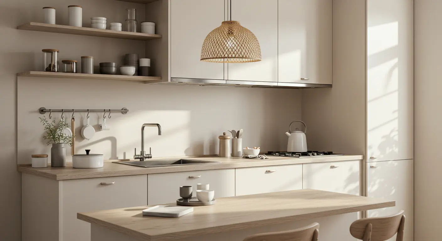 Compact kitchen with minimalist organization and light decor