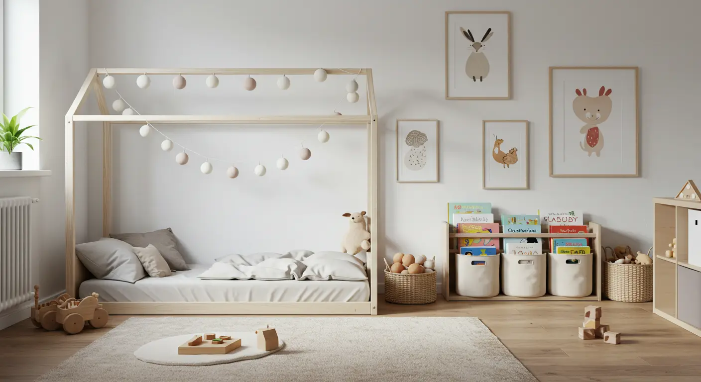 Minimalist children's room with low bed, neutral rug, and accessible shelf.