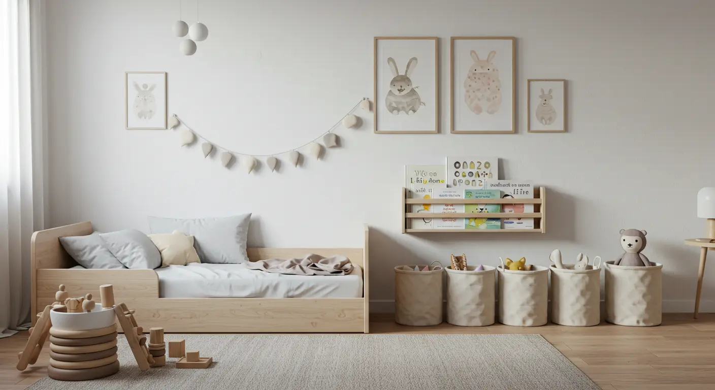 Quarto infantil minimalista com cama baixa e estante de livros acessível.