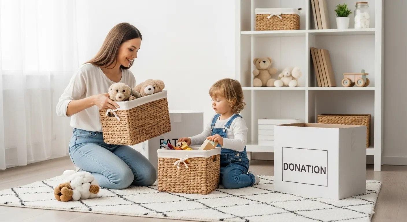 Mother and child sorting toys for decluttering in a minimalist children's room.