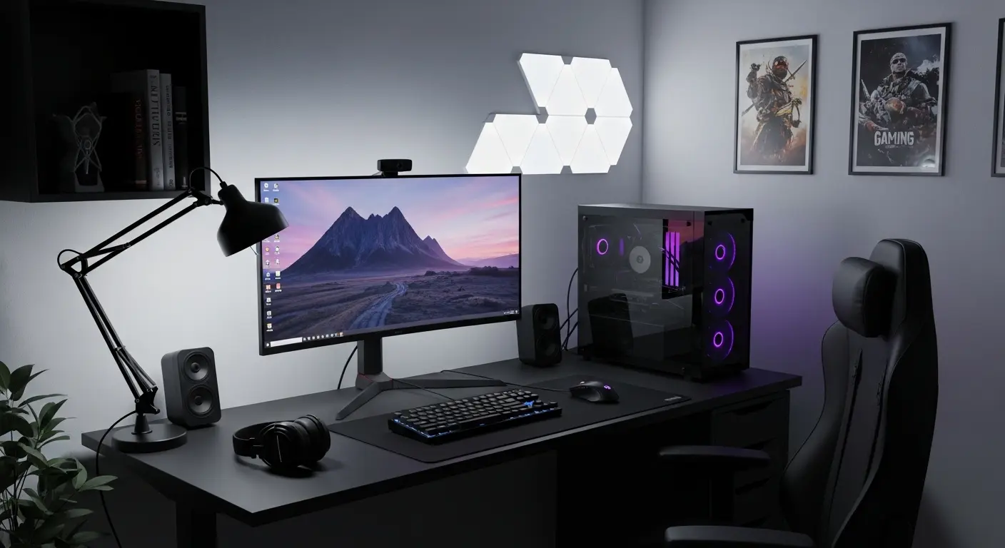 Canto gamer minimalista com painel de LED, cadeira ergonômica e decoração clean.