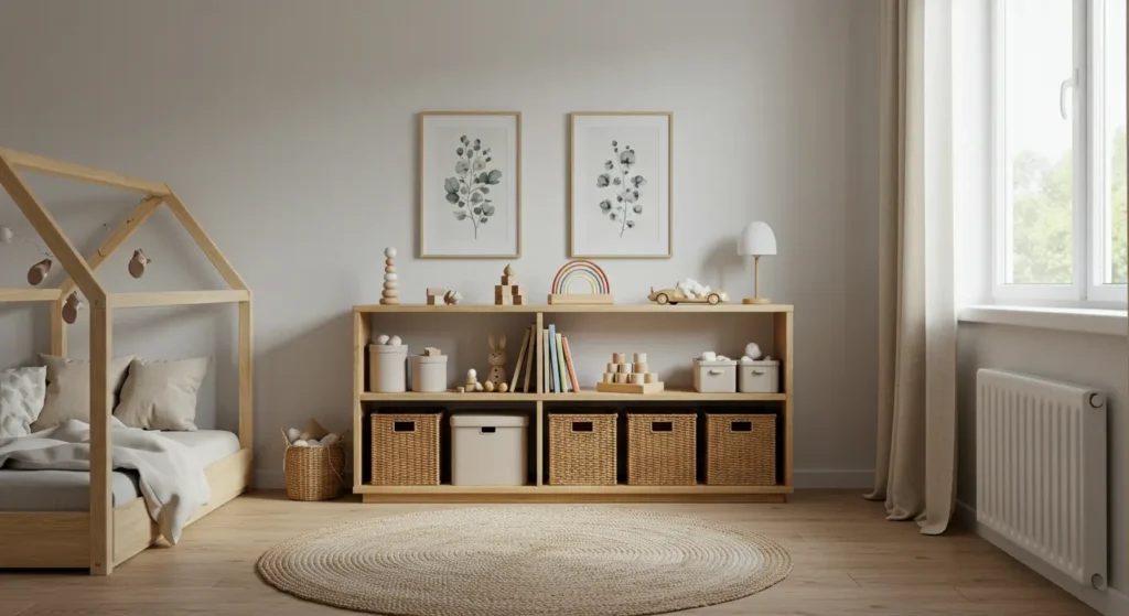 Minimalist children's room with fewer toys organized in baskets on a low shelf.