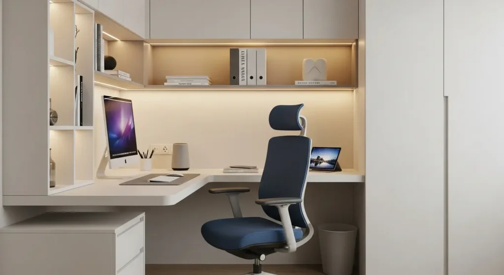 Home office pequeno e funcional com automação inteligente e estética minimalista