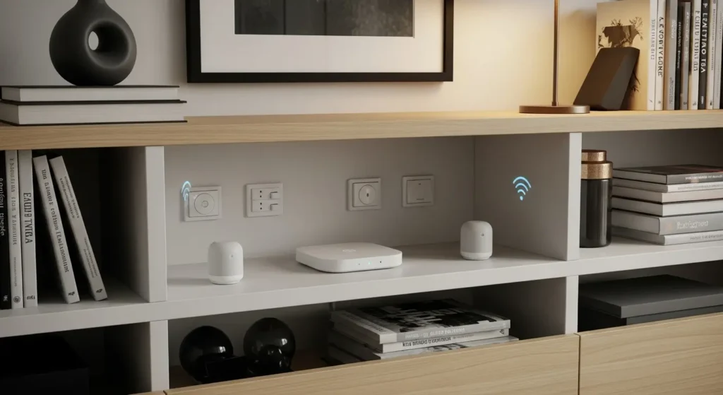 Zigbee hub on a shelf with smart devices neatly organized around it