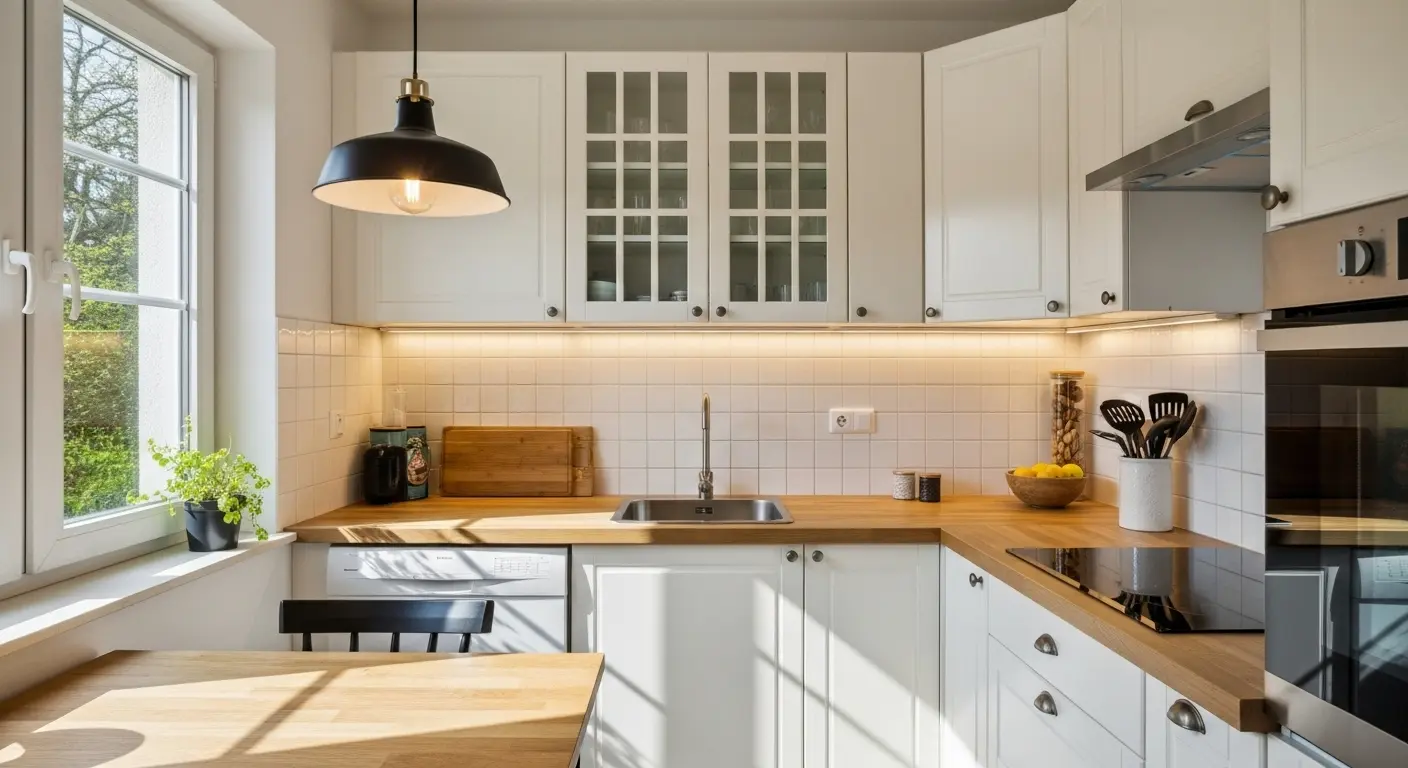 Iluminação em cozinha pequena com estilo minimalista