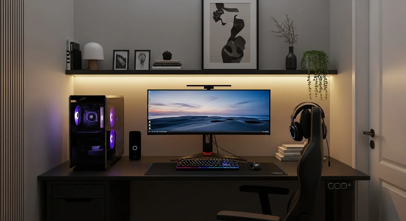 Setup gamer compacto com iluminação indireta e decoração minimalista.
