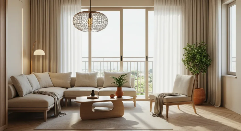 Modern Japandi space with natural elements, minimalist furniture, and soft lighting