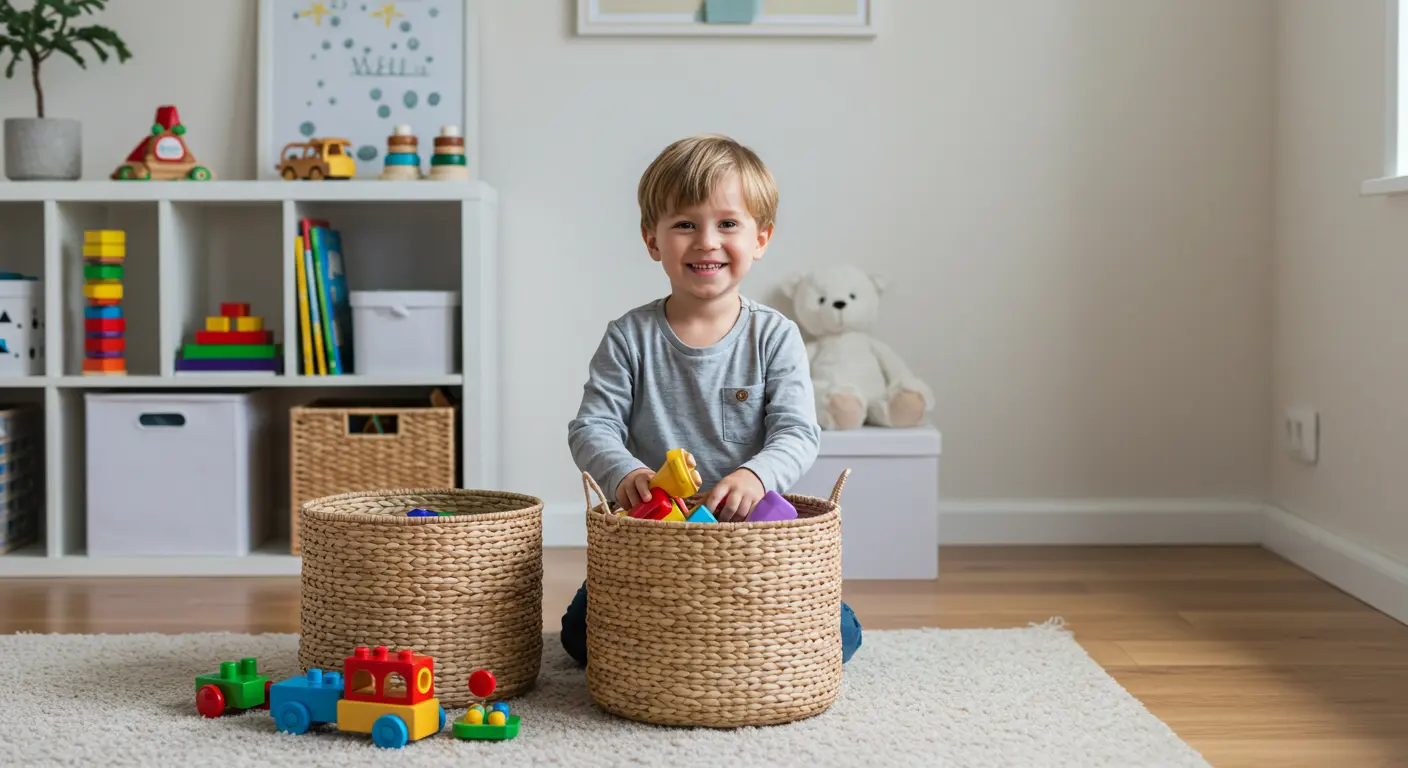 Child organizing toys in a minimalist room, lightly and playfully.