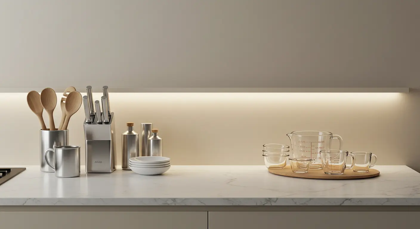 Functional materials and light colors in a minimalist kitchen